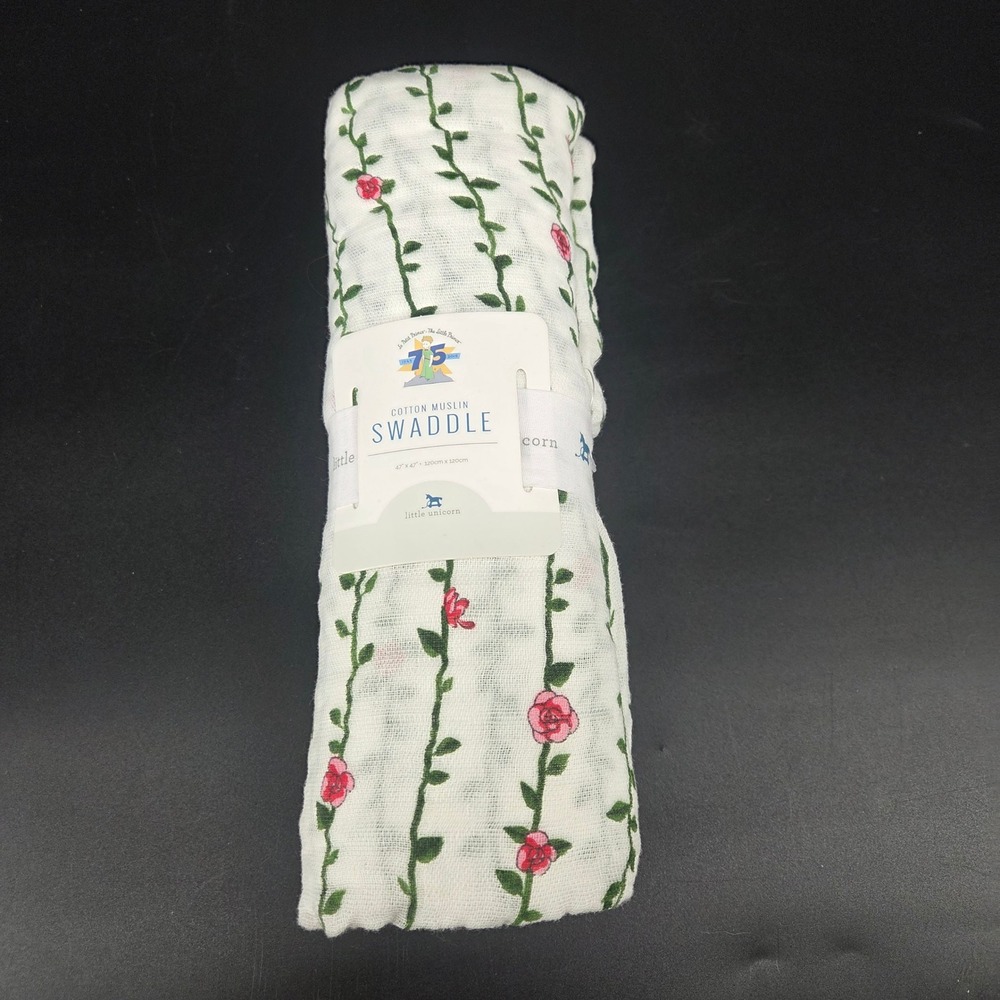 Little Unicorn Floral Vine Rose Cotton Muslin Swaddle Blanket Baby Girl NWT